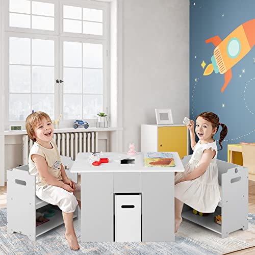 Costzon Kids Table and Chair Set, 4-in-1 Activity Table and 2 Chairs Set for Drawing, Reading, Multi-Purpose Kid’s Desk w/Lid, Removable Under Table Storage Bin, Stackable Chairs Cabinet (Grey)