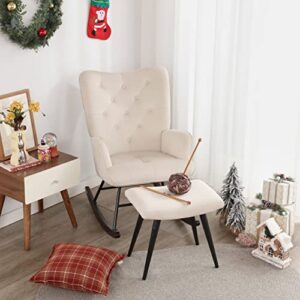 Iroomy Velvet Rocking Chair Nursery Glider Chair, Comfy Nursery Rocking Chairs W/Ottoman, Small Nursing Chair Rocking Chair Indoor, Modern Nursery Chair Rocker for Baby/Kids Living Room/Bedroom-Beige