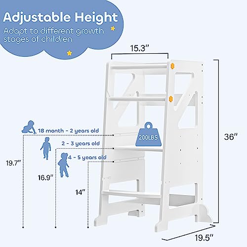 Toddler Kitchen Step Stool, REONEY 2 in 1 Kids Standing Tower, High Chairs with Removable Tray, Height Adjustable Learning Helper Tower for Kitchen Counter Bathroom Sink