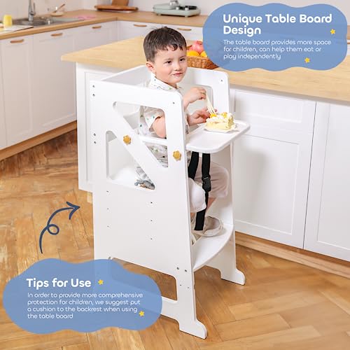 Toddler Kitchen Step Stool, REONEY 2 in 1 Kids Standing Tower, High Chairs with Removable Tray, Height Adjustable Learning Helper Tower for Kitchen Counter Bathroom Sink