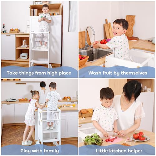 Toddler Kitchen Step Stool, REONEY 2 in 1 Kids Standing Tower, High Chairs with Removable Tray, Height Adjustable Learning Helper Tower for Kitchen Counter Bathroom Sink