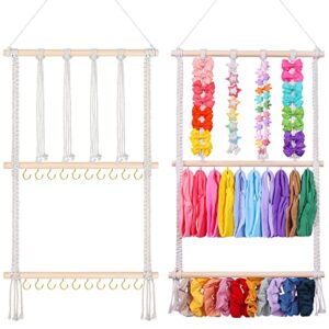 hutuzldz headband holder hair bows organizer for girls, macrame hair accessories hanger necklace display with 20 hooks wall hanging over door organizer boho nursery decor for baby's room