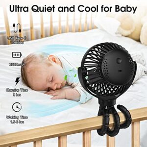 Baby Stroller Fan, Mini Portable Personal Handheld Fan,Clip on Fan with Flexible Tripod, USB Rechargeable Cooling Desk Fan for Travel, Car Seat, Camping, Bedroom(Black)