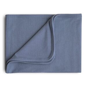 mushie extra soft baby blanket | organic cotton ribbed receiving blanket, swaddle, stroller | 35x35 inch (tradewinds)