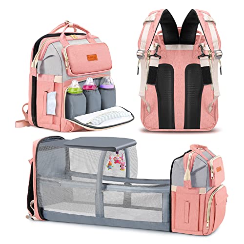 Bubblbay Pink Diaper Bag Backpack, 16 Large Pockets Multifunctional Portable Baby Travel Bags for Boys Girls, 900D Waterproof Baby Diaper Bag