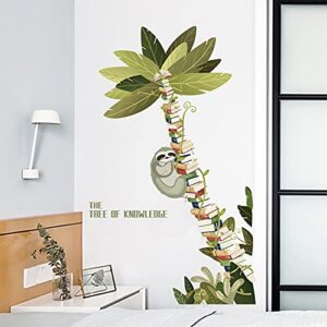 sloth hanging on the books tree wall decals decor, large book tree of knowledge vinyl wall stickers, removable coconut tree plants wall mural for reading room classroom bedroom, 31.5”x51.2”