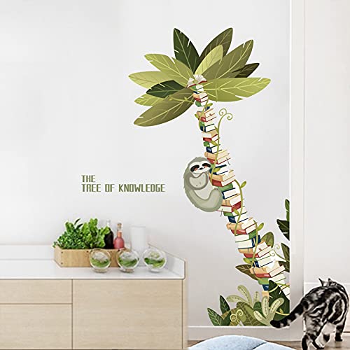 Sloth Hanging on The Books Tree Wall Decals Decor, Large Book Tree of Knowledge Vinyl Wall Stickers, Removable Coconut Tree Plants Wall Mural for Reading Room Classroom Bedroom, 31.5”x51.2”