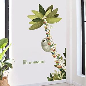 Sloth Hanging on The Books Tree Wall Decals Decor, Large Book Tree of Knowledge Vinyl Wall Stickers, Removable Coconut Tree Plants Wall Mural for Reading Room Classroom Bedroom, 31.5”x51.2”