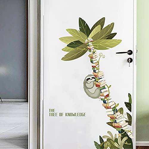 Sloth Hanging on The Books Tree Wall Decals Decor, Large Book Tree of Knowledge Vinyl Wall Stickers, Removable Coconut Tree Plants Wall Mural for Reading Room Classroom Bedroom, 31.5”x51.2”