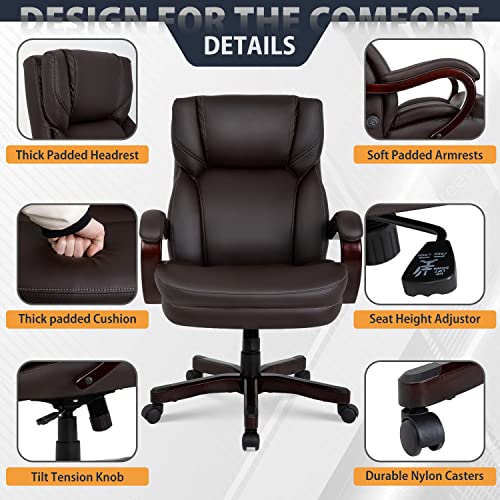 Big and Tall Office Chair Wide Seat Ergonomic Desk Chair with Lumbar Support Wood Armrest High Back PU Leather Executive Task Computer Chair for Heavy People