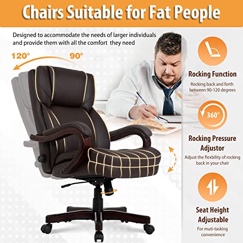 Big and Tall Office Chair Wide Seat Ergonomic Desk Chair with Lumbar Support Wood Armrest High Back PU Leather Executive Task Computer Chair for Heavy People