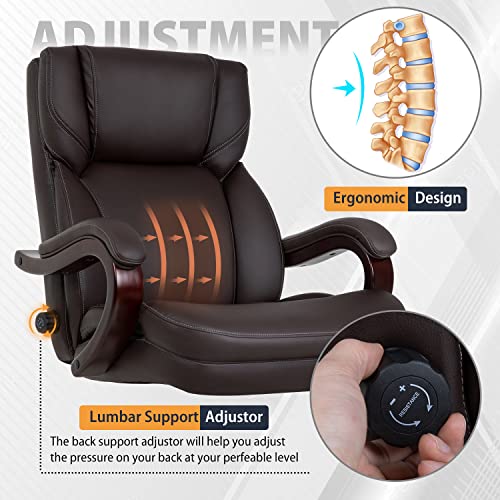 Big and Tall Office Chair Wide Seat Ergonomic Desk Chair with Lumbar Support Wood Armrest High Back PU Leather Executive Task Computer Chair for Heavy People