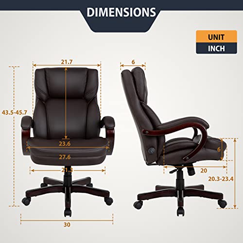 Big and Tall Office Chair Wide Seat Ergonomic Desk Chair with Lumbar Support Wood Armrest High Back PU Leather Executive Task Computer Chair for Heavy People