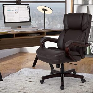 Big and Tall Office Chair Wide Seat Ergonomic Desk Chair with Lumbar Support Wood Armrest High Back PU Leather Executive Task Computer Chair for Heavy People