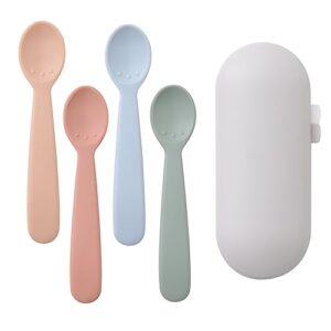 rocced silicone baby spoons set of 4, baby feeding spoons first stage baby infant spoons baby training spoon self feeding soft-tip spoons for infant baby utensils feeding supplies 3m+