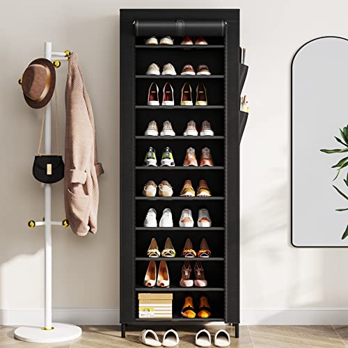 Tribesigns Narrow Shoe Rack 10 Tiers Vertical Tall Shoes Rack for Closet Entryway, 20 Pairs Metal Shoes Organizer Storage Shelf with Nonwoven Fabric Dustproof Cover for Boots High Heels