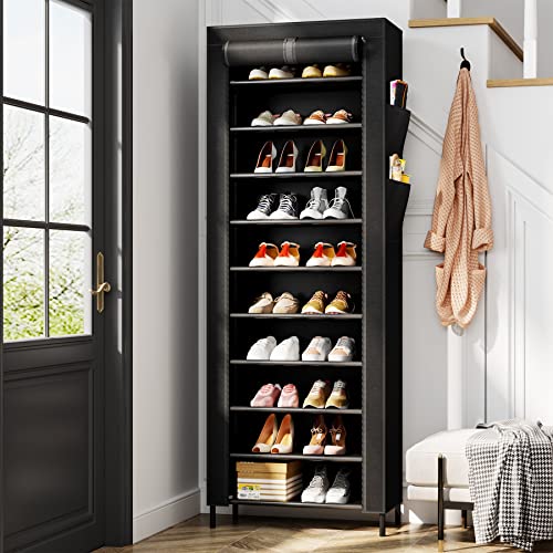 Tribesigns Narrow Shoe Rack 10 Tiers Vertical Tall Shoes Rack for Closet Entryway, 20 Pairs Metal Shoes Organizer Storage Shelf with Nonwoven Fabric Dustproof Cover for Boots High Heels