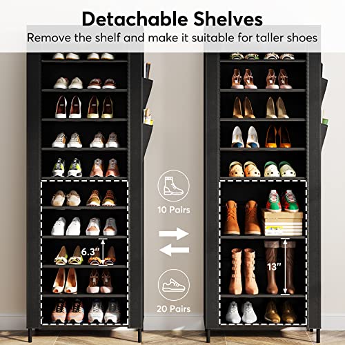 Tribesigns Narrow Shoe Rack 10 Tiers Vertical Tall Shoes Rack for Closet Entryway, 20 Pairs Metal Shoes Organizer Storage Shelf with Nonwoven Fabric Dustproof Cover for Boots High Heels