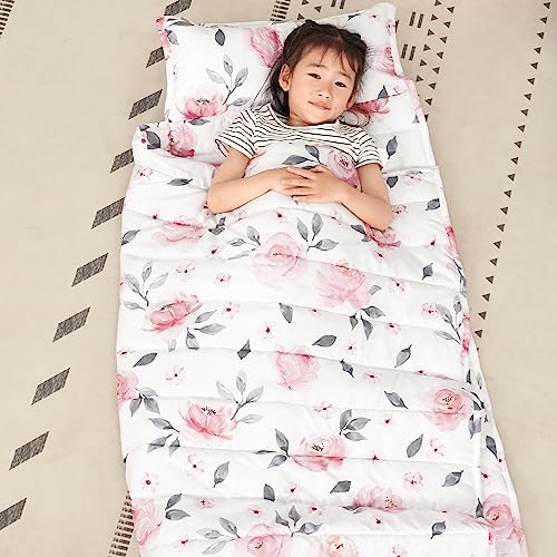 PHF Floral Toddler Nap Mat Set, with Removable Pillow for Toddler Girls, Soft and Lightweight for Daycare, Preschool, Travel, Kindergarten Sleeping Bag, Fits Ages 3-6 Years, Pink Floral