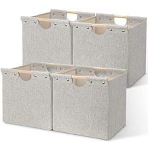 posprica 13x13in collapsible storage bins, 4 pack fabric foldable cube storage bins with wooden carry handles, decorative storage baskets for bathroom organizer, shelves, closet, nursery, toy -beige