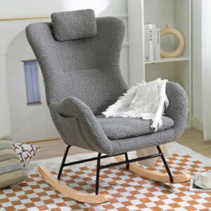 nioiikit nursery rocking chair, comfy accent chair padded seat with high backrest armchair, teddy upholstered glider rocker rocking for nursery, living room, bedroom (grey)