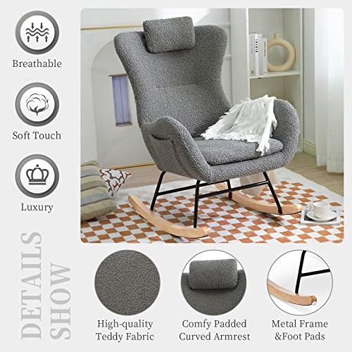 NIOIIKIT Nursery Rocking Chair, Comfy Accent Chair Padded Seat with High Backrest Armchair, Teddy Upholstered Glider Rocker Rocking for Nursery, Living Room, Bedroom (Grey)