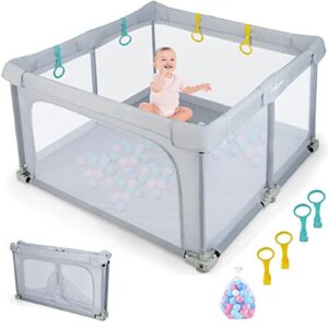 infans baby playpen foldable, 50’’x50’’ large baby playard for toddlers with gate, soft visible mesh, indoor outdoor kids activity center baby fence with 4 handlers 50 ocean balls (gray)