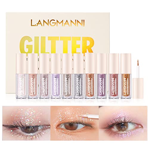 LANGMANNI 10Pcs Liquid Glitter Eyeshadow Korean Makeup Set, Shimmer,Pigmented,Long Lasting,Quick Drying,Easy to Apply Crystals Glitter Eyeshadow (10pcs Set)