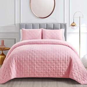 mocaletto reversible quilts set queen size, 3 piece pink quilt with pillow shams, point pattern microfiber bedspread, lightweight soft all season coverlet for bedroom,hotel &gift