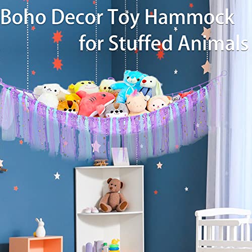 Stuffed Animal Hammock, Stuffed Animal Storage Net, Hanging Plush Net Hammock for Dolls, Toy Hammock Holder Boho Wall Corner Hammock Organizer inc Hooks, Stuffed Animal Toy Bags & Nets (Purple)