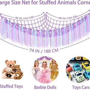 Stuffed Animal Hammock, Stuffed Animal Storage Net, Hanging Plush Net Hammock for Dolls, Toy Hammock Holder Boho Wall Corner Hammock Organizer inc Hooks, Stuffed Animal Toy Bags & Nets (Purple)