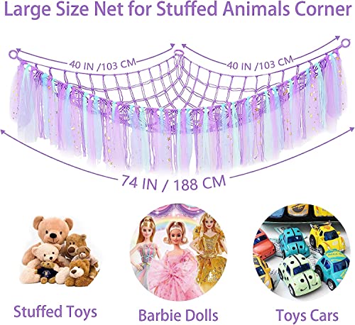 Stuffed Animal Hammock, Stuffed Animal Storage Net, Hanging Plush Net Hammock for Dolls, Toy Hammock Holder Boho Wall Corner Hammock Organizer inc Hooks, Stuffed Animal Toy Bags & Nets (Purple)