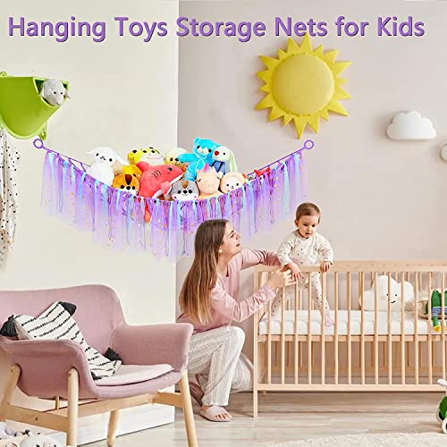 Stuffed Animal Hammock, Stuffed Animal Storage Net, Hanging Plush Net Hammock for Dolls, Toy Hammock Holder Boho Wall Corner Hammock Organizer inc Hooks, Stuffed Animal Toy Bags & Nets (Purple)