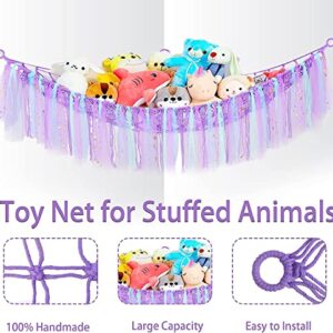 Stuffed Animal Hammock, Stuffed Animal Storage Net, Hanging Plush Net Hammock for Dolls, Toy Hammock Holder Boho Wall Corner Hammock Organizer inc Hooks, Stuffed Animal Toy Bags & Nets (Purple)