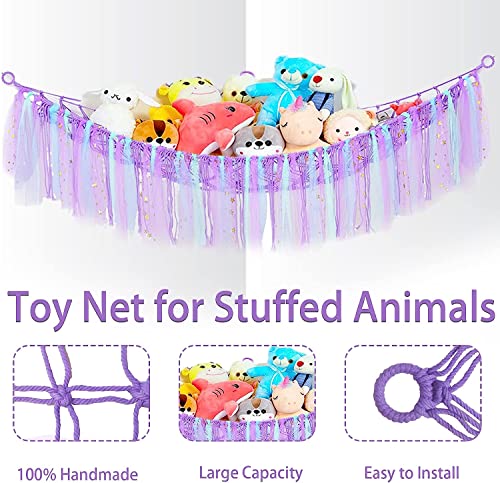 Stuffed Animal Hammock, Stuffed Animal Storage Net, Hanging Plush Net Hammock for Dolls, Toy Hammock Holder Boho Wall Corner Hammock Organizer inc Hooks, Stuffed Animal Toy Bags & Nets (Purple)