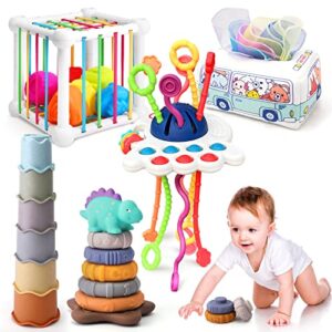 5 in 1 baby montessori toys set include shape sorter bin with sound, baby tissue box, stacking cups, pull string toy, soft stacking rings, sensory toys for infants toddlers
