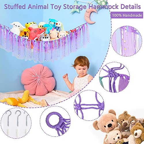 Stuffed Animal Hammock, Stuffed Animal Storage Net, Hanging Plush Net Hammock for Dolls, Toy Hammock Holder Boho Wall Corner Hammock Organizer inc Hooks, Stuffed Animal Toy Bags & Nets (Purple)