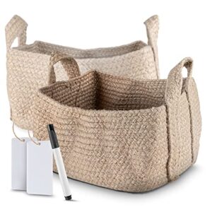 bikcu - woven baskets for storage [set of 2] - natural cotton rope jute baskets for organizing - storage basket with name tags and marker - rope basket with handles - small baskets for organizing
