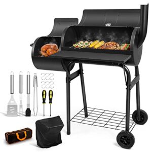 barrel charcoal grill with offset smoker, hasteel outdoor bbq grill set of 15, large camping grill for patio backyard garden smoking barbecue, grill cover, spatula, tong, brush, fork, carrying bag