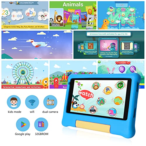 Cheerjoy Kids Tablet 7 inch,Android 12 Tablet for Kids,32GB ROM 128GB Expand,Parental Control,Kids Software Pre-Installed, Dual Camera,Android Learning Tablet with Proof Case for Toddlers (Blue)