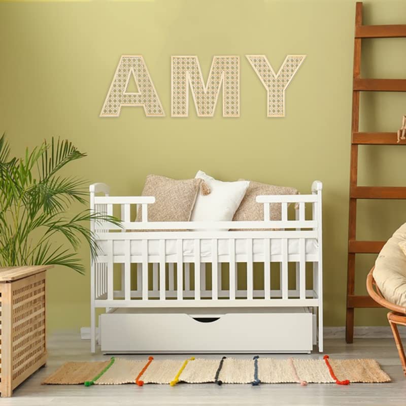 Wooden Rattan Letters for Wall Decor Rustic Wooden Letters 12 Inch Wood Letter Rattan Wall Decor for Wedding Nursery Sign Baby Shower Newborn Birthday Gift Boho Bedroom Decoration (A)