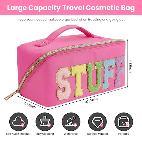 Futuredream Makeup Bag - Large Capacity Travel Cosmetic Bag, Portable Nylon Waterproof Women Travel Makeup Bag Organizer，With Handle And Divider Letter Patch Cosmetic Bag Rose Red