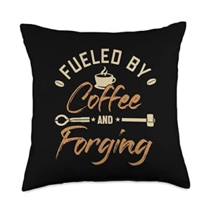 forging tools equipment kit gifts for beginners fueled by coffee forging anvil blacksmith throw pillow, 18x18, multicolor