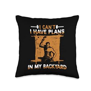 forging equipment starter kit gifts for beginners i can't i have plans in my backyard anvil forging blacksmith throw pillow, 16x16, multicolor
