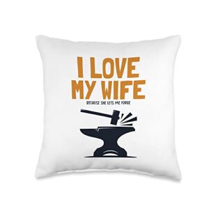 forging tools equipment kit gifts for beginners i love my wife anvil hobby legend blacksmith throw pillow, 16x16, multicolor