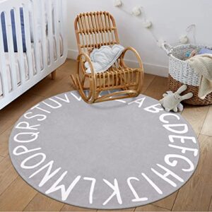 livebox round abc kids rug for boy and girl,circle washable area rug non-slip crawling play mat for playroom,alphabet nursery area rug circular learning carpet for bedroom (47",grey)