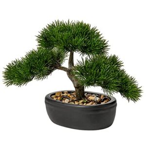 fake bonsai tree zen juniper bonsai plant 9” tall artificial bonsai trees with black ceramic pot decorated with pebbles desk plant indoor bonsai for home office decor