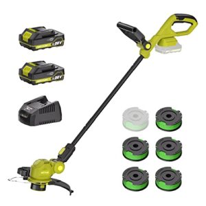 string trimmer, seyvum 12-inch cordless weed wacker with auto line feed, 2 x 2.0ah battery powered weed eater, 20v lawn edger with 6 pcs grass cutter spool line, fast charger included