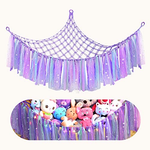 Boho Stuffed Animal Hammock with LED Light and Colorful Lace Tassels, Stuffed Animal Storage for Girls Room Decor and Nursery Decor, Stuffed Animal Net for Baby Room Decor(Purple)