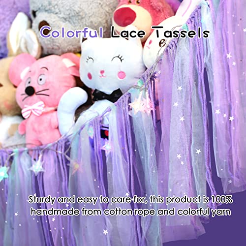 Boho Stuffed Animal Hammock with LED Light and Colorful Lace Tassels, Stuffed Animal Storage for Girls Room Decor and Nursery Decor, Stuffed Animal Net for Baby Room Decor(Purple)